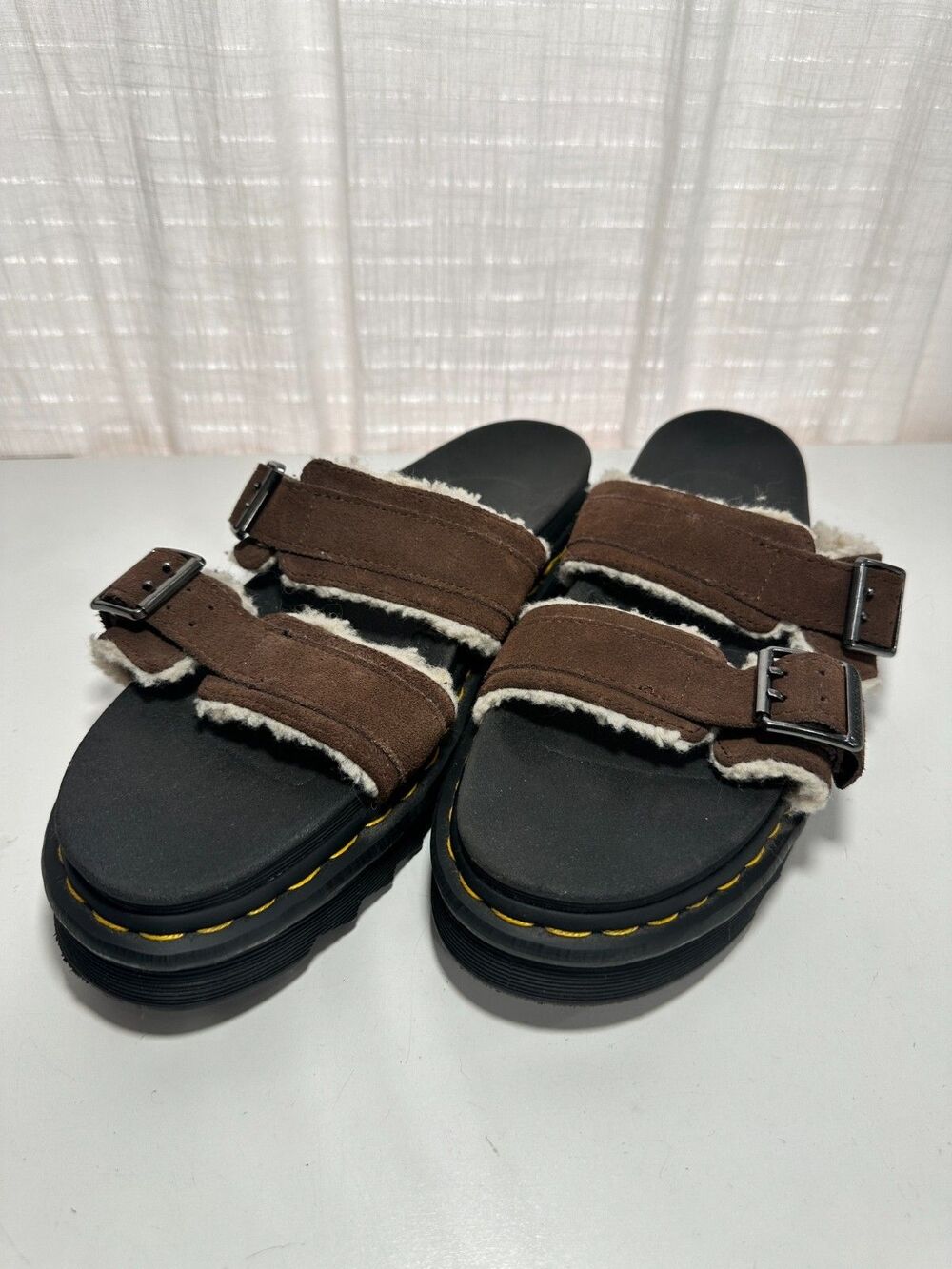 Dr. Martens Myles Suede Fur-Lined Buckle Slide Sandals in Dark Brown 12 Women